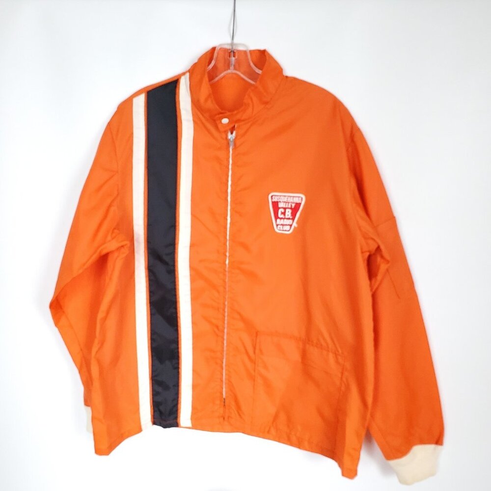Vtg 70s Susquehanna Valley CB Radio Club Racing Jacket Orange Striped XL